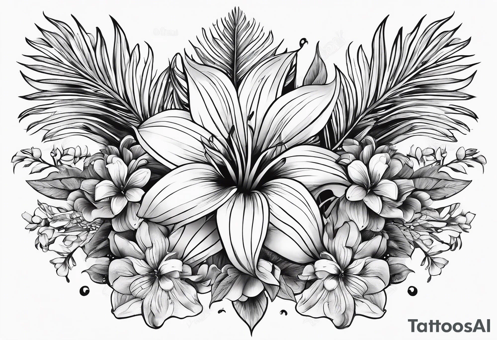 sea, flower, palm, animal tattoo idea