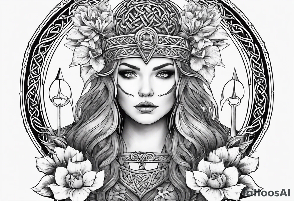 Viking goddess, axes, moonlight, flowers, Celtic, bedroom eyes tattoo idea