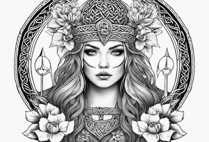 Viking goddess, axes, moonlight, flowers, Celtic, bedroom eyes tattoo idea