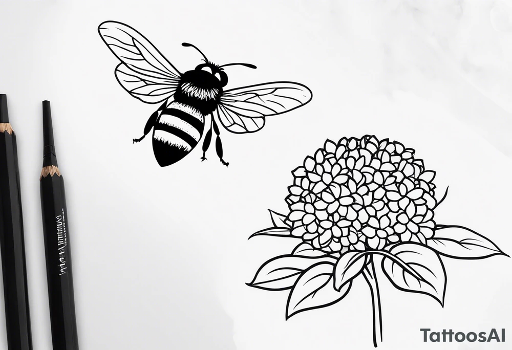 Small black and white minimalist tattoo for forearm of a Hydrangea and a small bee. No color tattoo idea