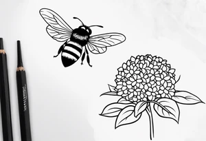 Small black and white minimalist tattoo for forearm of a Hydrangea and a small bee. No color tattoo idea