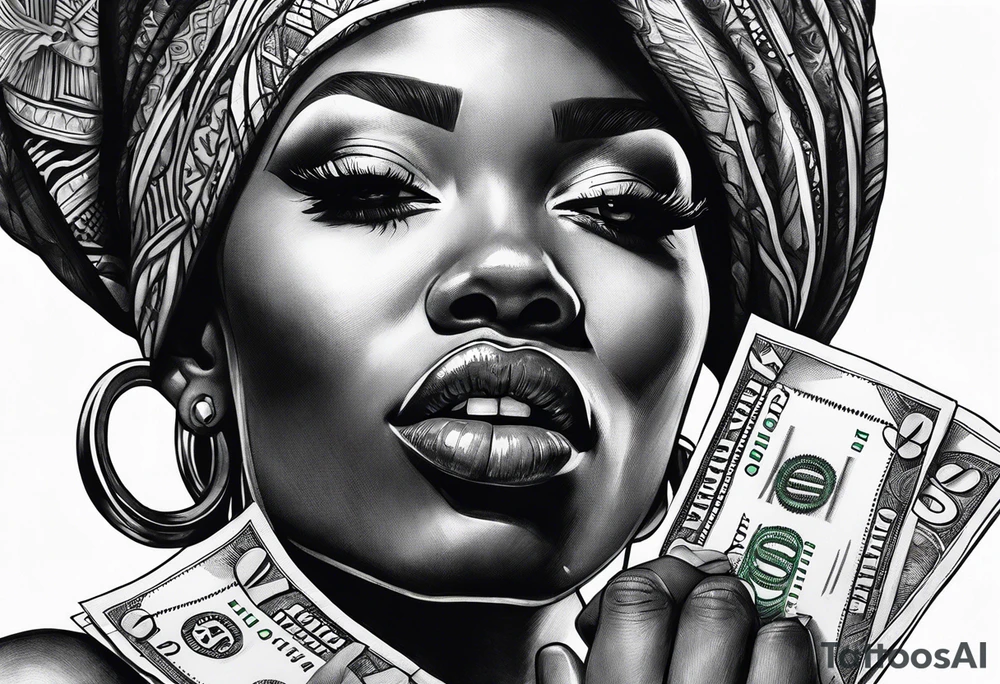 african woman biting money tattoo idea