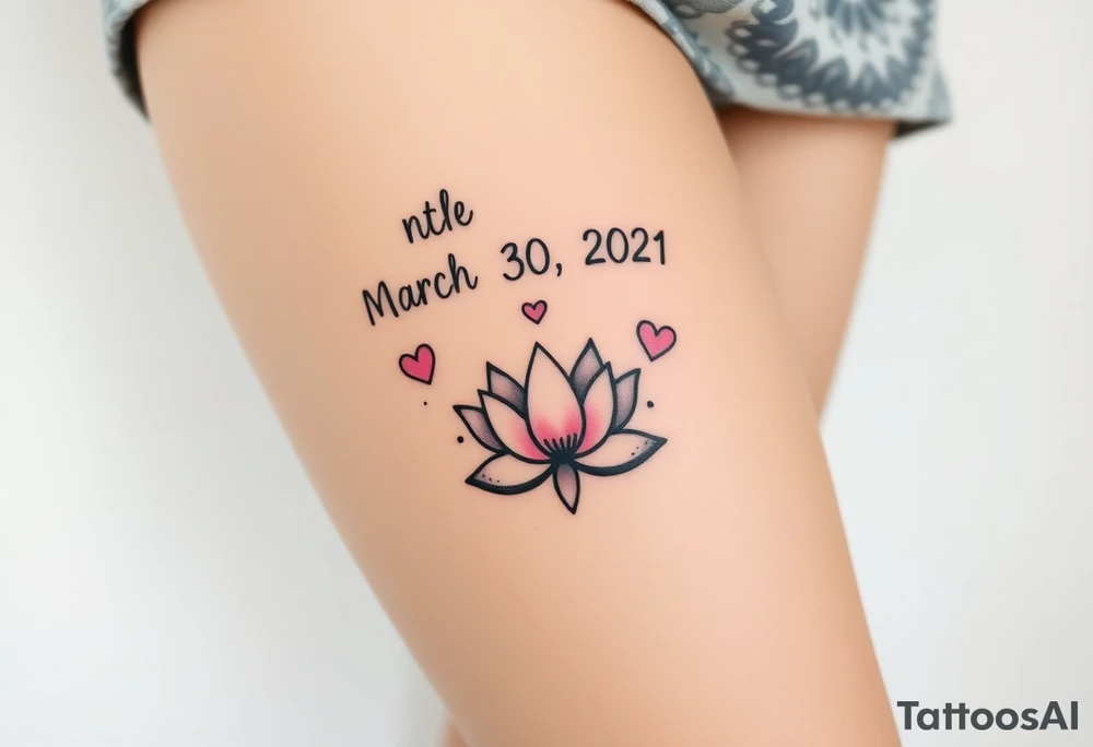 I want a tattoo for my upper thigh, that includes the date, march 30 2021, mom and daughter love that was born at 4:18 am and that includes hearts and the lotus flower and that represents the infinity love of a mother to her baby girl tattoo idea