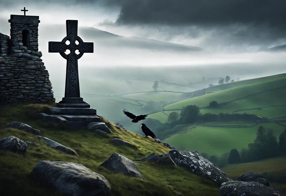 A stone Celtic cross solemnly standing atop a hill, a raven perches atop the cross staring out over the desolation. A ruined stone wall lies crumbling near the cross. Mist rolls along the hilltops adding to the melancholic nature of the scene. tattoo idea