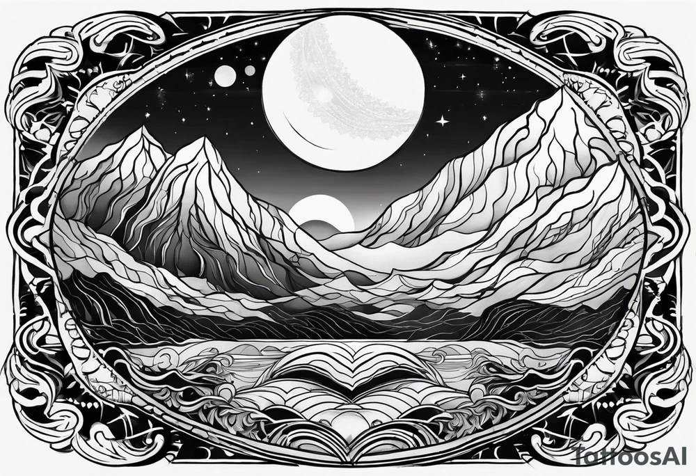 A moon that Drips at the bottom Surrounded by Mountains and waves. Mandala Style tattoo idea