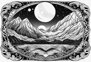 A moon that Drips at the bottom Surrounded by Mountains and waves. Mandala Style tattoo idea