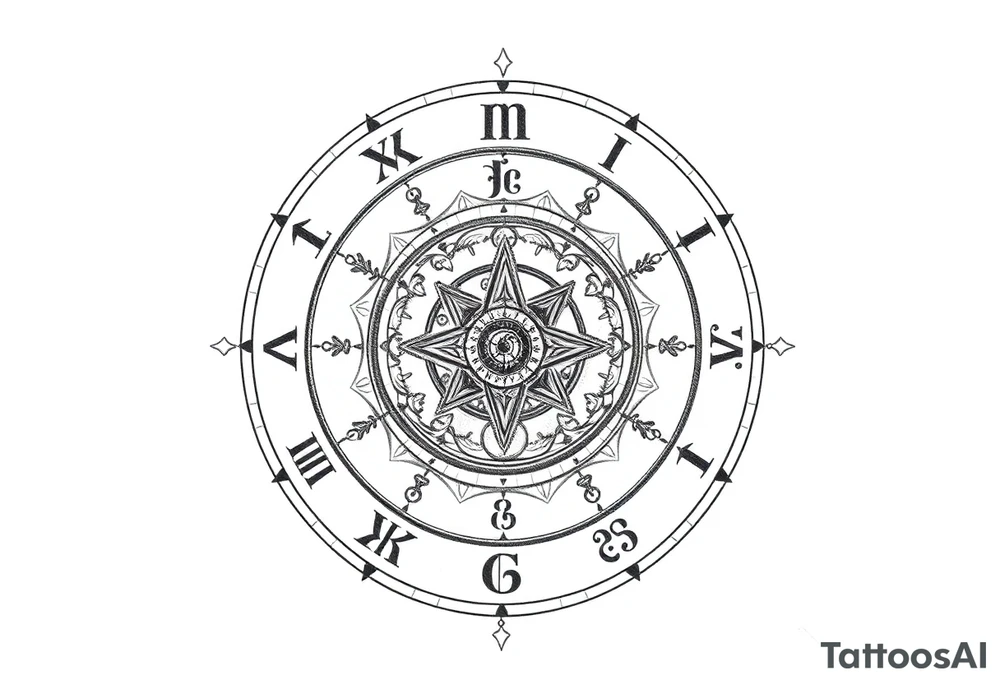 zodiac symbols runes within ornate clockwork mechanism tattoo idea