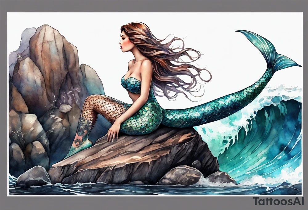 mermaid with brown hair, sitting on rock, with xray of mermaid tattoo idea