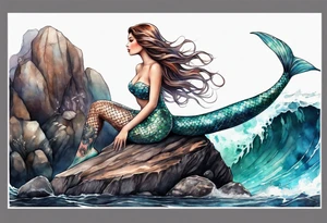 mermaid with brown hair, sitting on rock, with xray of mermaid tattoo idea