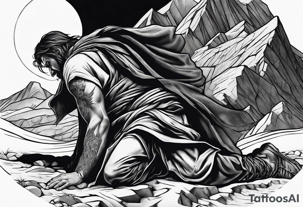 man crawling in a desert toward the cross of Christ tattoo idea