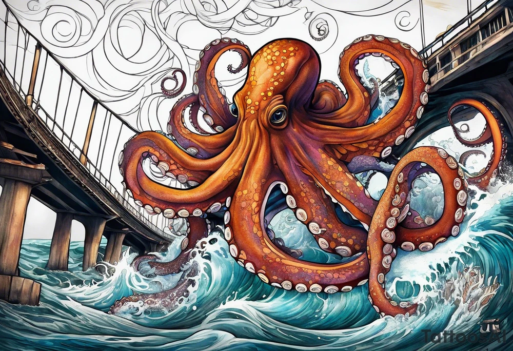 Giant Octopus attacking bridge tattoo idea