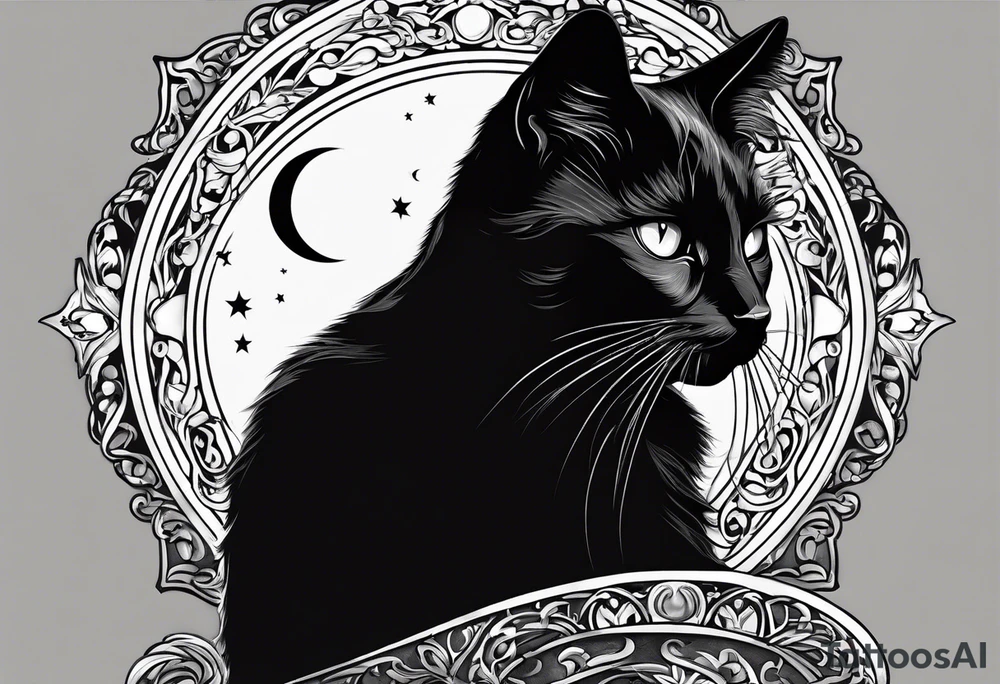 Photo realistic black cat head only facing forward add moon tattoo idea