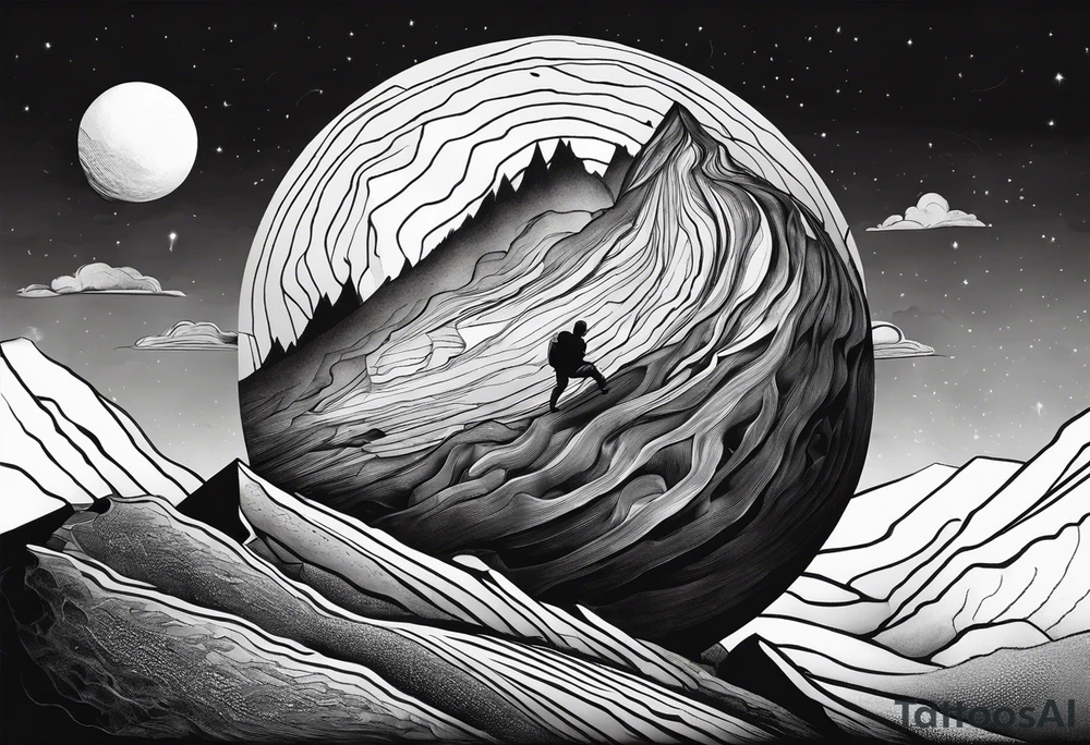 Sisyphus rolling a rock up a hill tattoo idea