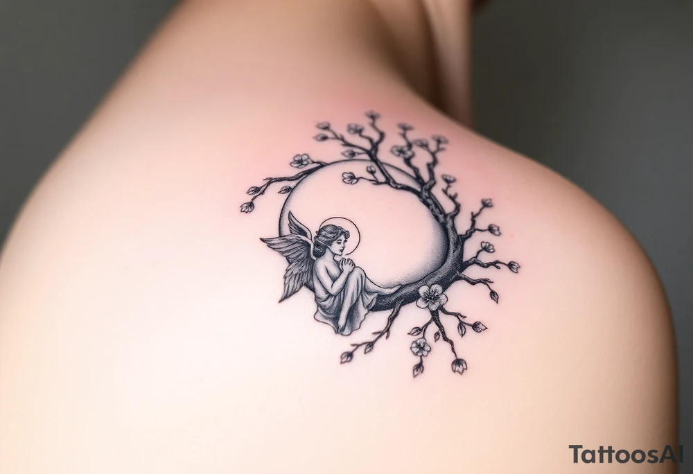 the sun or the moon being wrapped w cherry blossom tree with an angel laying on the moon or lookin at the sun holding its hand out tattoo idea