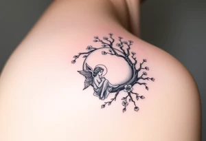 the sun or the moon being wrapped w cherry blossom tree with an angel laying on the moon or lookin at the sun holding its hand out tattoo idea