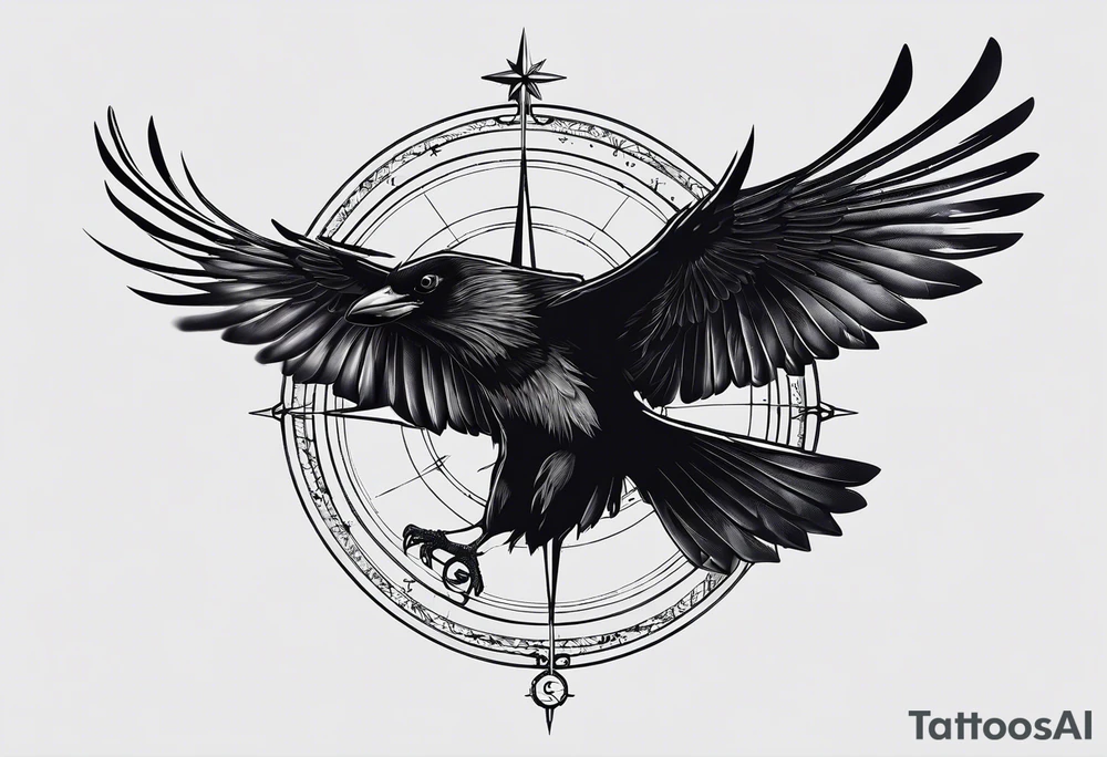 flying crow with compass and two wings tattoo idea