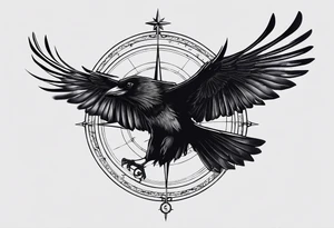 flying crow with compass and two wings tattoo idea
