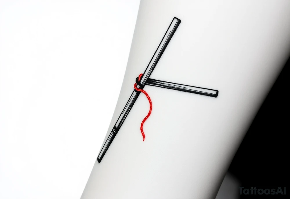 chinese chopsticks with a red thread by the end of it,
about 5cm long , 1 cm wide
it goes into the anterior part of the left wrist tattoo idea