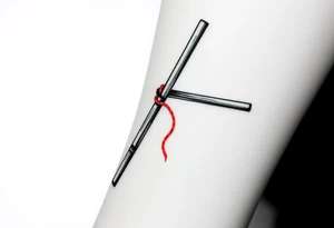 chinese chopsticks with a red thread by the end of it,
about 5cm long , 1 cm wide
it goes into the anterior part of the left wrist tattoo idea