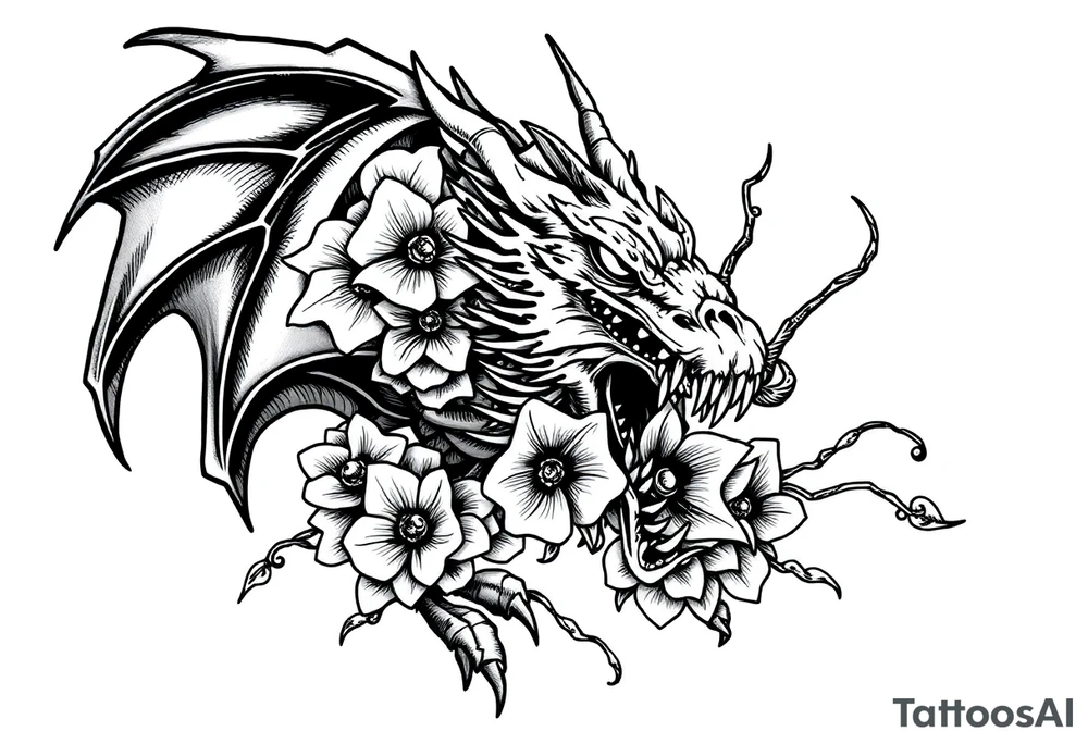 scary dragon with death flowers tattoo idea