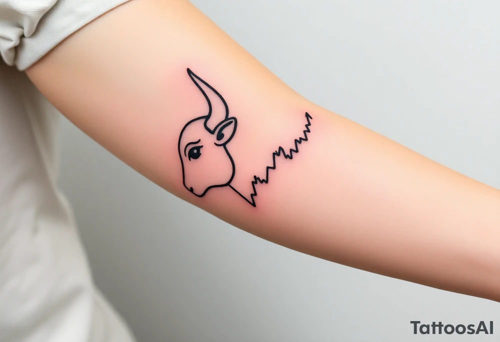 Create a minimalist black line tattoo of a bull’s head that transitions into an upward-trending candlestick stock chart. The design should have clean, fluid lines and combine the bull’s face and horns on the left, with the candlestick chart rising to the right, forming the shape of the bull’s jaw/neck. Keep the style simple and elegant, suitable for a forearm or upper arm tattoo.” tattoo idea