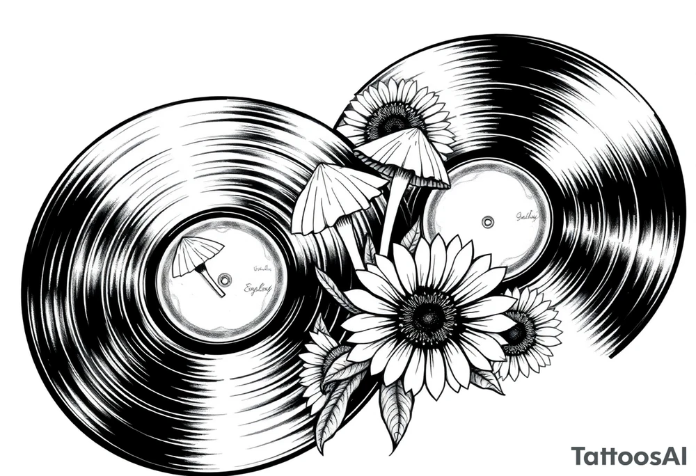 two overlapping vinyl records with mushrooms and sunflowers tattoo idea
