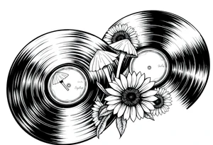 two overlapping vinyl records with mushrooms and sunflowers tattoo idea
