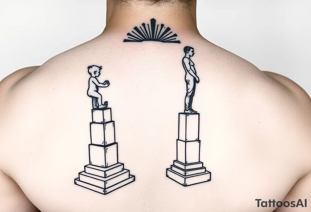 Two-sided standing mirror design, one side shows child figure building/stacking geometric blocks upward, other side shows adult figure standing on those same geometric foundations, connected by shared base, Art Deco frame, symbolizing building upon younger self not abandoning, black and grey geometric tattoo tattoo idea