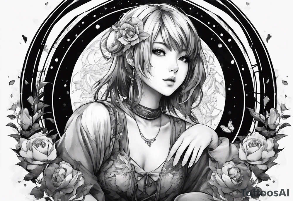 an anime girl sitting on a sphere, staring front tattoo idea