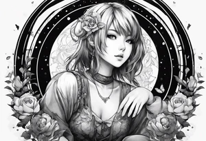 an anime girl sitting on a sphere, staring front tattoo idea