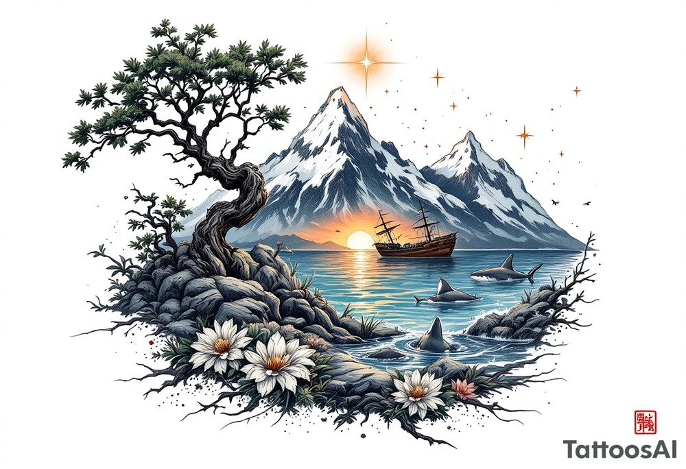 tattoo that has an acacia tree with mountains, ocean with a ship wreck with sharks and the northern star tattoo idea