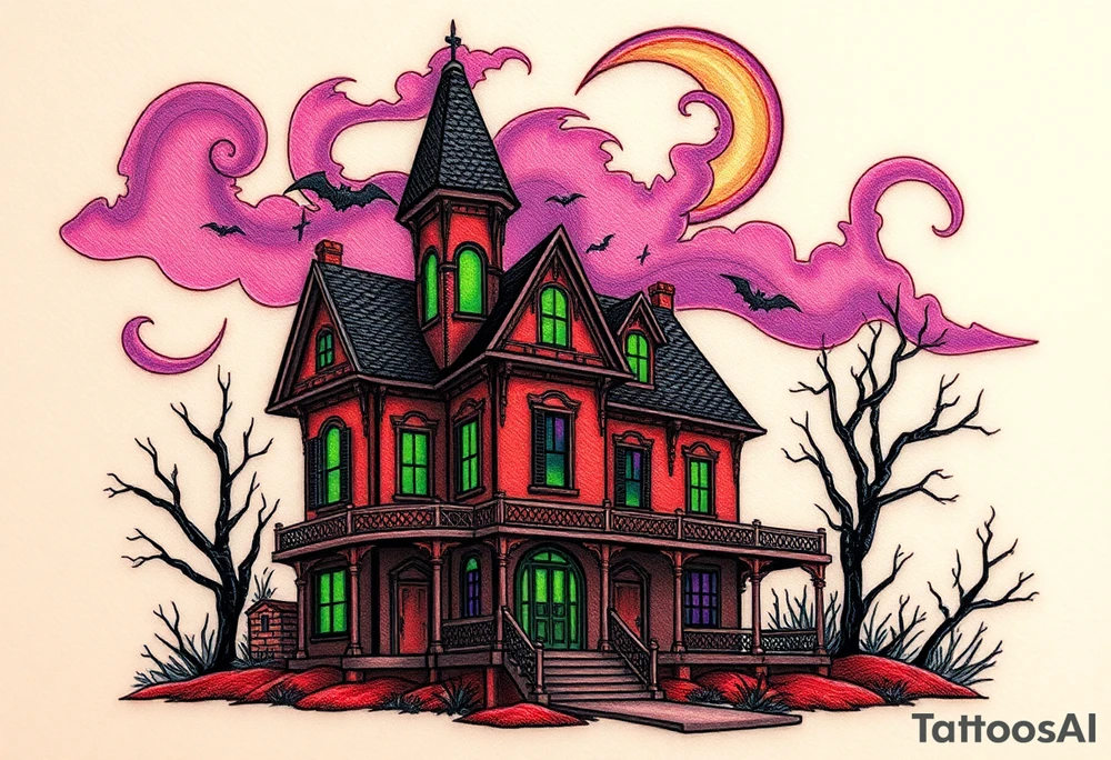 Tim Burton’s haunted victorian home is abandoned and dripping with muted reds, dusty pinks, and eerie green glow.purple and cyan smokey clouds swirl in the crescent moonlit sky thats sprinkled with stars tattoo idea tattoo idea