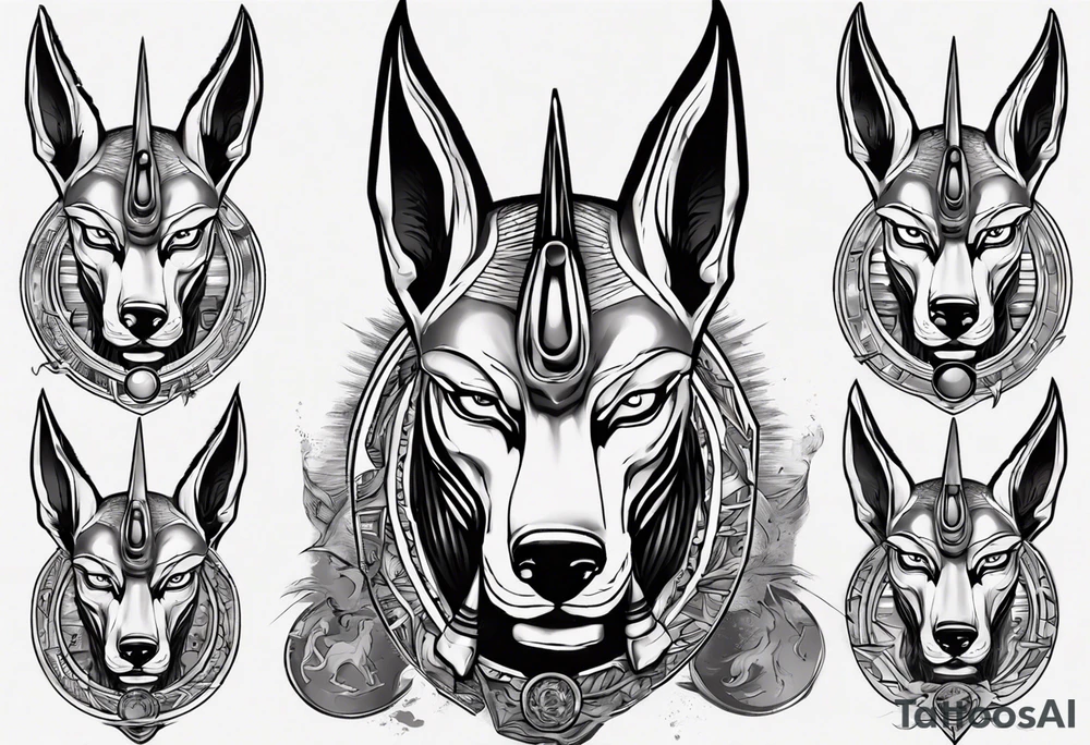 Angry anubis with rebirth background tattoo idea