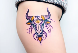Powerful Taurus tattoo with purple and yellow tattoo idea