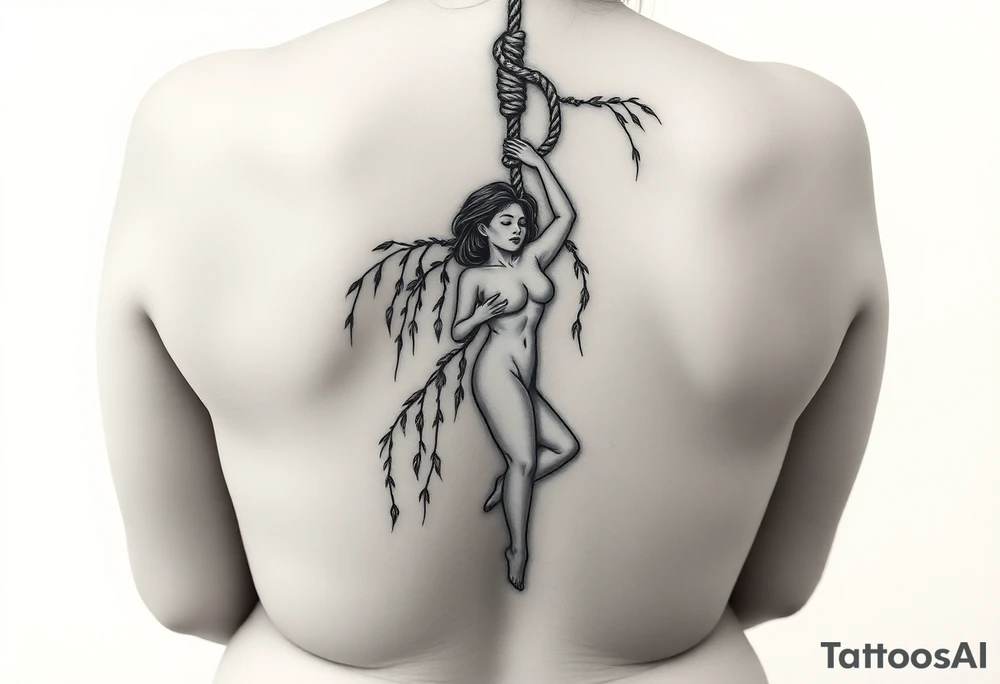 naked plus sized sexy woman hanging with a noose around her neck dying from aweeping willow tree tattoo idea
