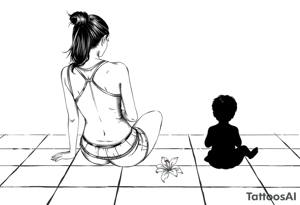 a tile floor with a realistic silhouette of the back of a thin woman sitting curled on the tile floor and a black silhouette of a young child sitting next to her with a lily next to them on the floor. The woman is wearing a Racerback tank top, running shorts, has dark hair pulled up high, and her head is down. tattoo idea