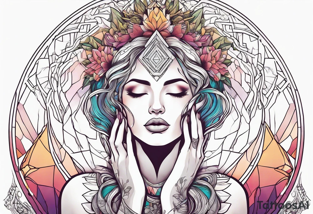 Woman , hands above her head, holding womb of creation tattoo idea