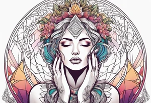 Woman , hands above her head, holding womb of creation tattoo idea