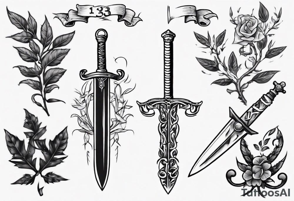 A sword runs through the number 13 and a laurel leaf tattoo idea
