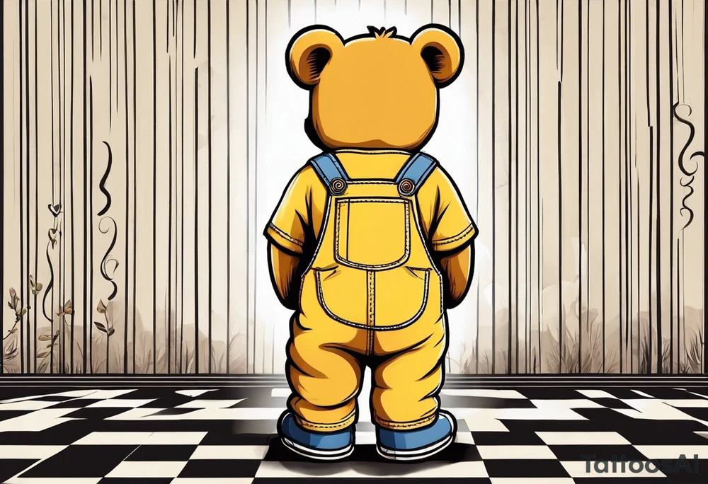 image of the back of a light brown teddy bear standing in yellow overalls, striped tank top and wearing boots and holding the hand of a little girl who is taller than him tattoo idea