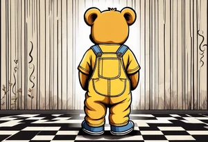 image of the back of a light brown teddy bear standing in yellow overalls, striped tank top and wearing boots and holding the hand of a little girl who is taller than him tattoo idea