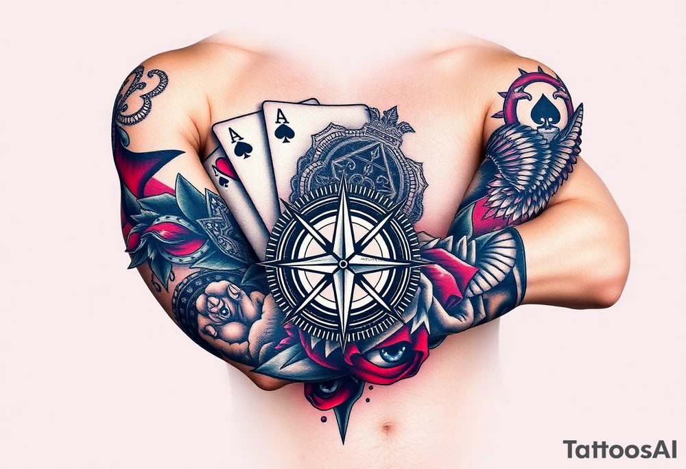 poker royal flush + compass + Family + Infinite love tattoo idea