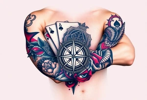 poker royal flush + compass + Family + Infinite love tattoo idea