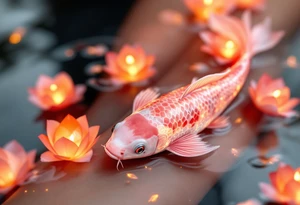 Pink Koi with Floating Lanterns – A soft pink koi surrounded by glowing orange paper lanterns on water, evoking peace, hope, and remembrance. tattoo idea