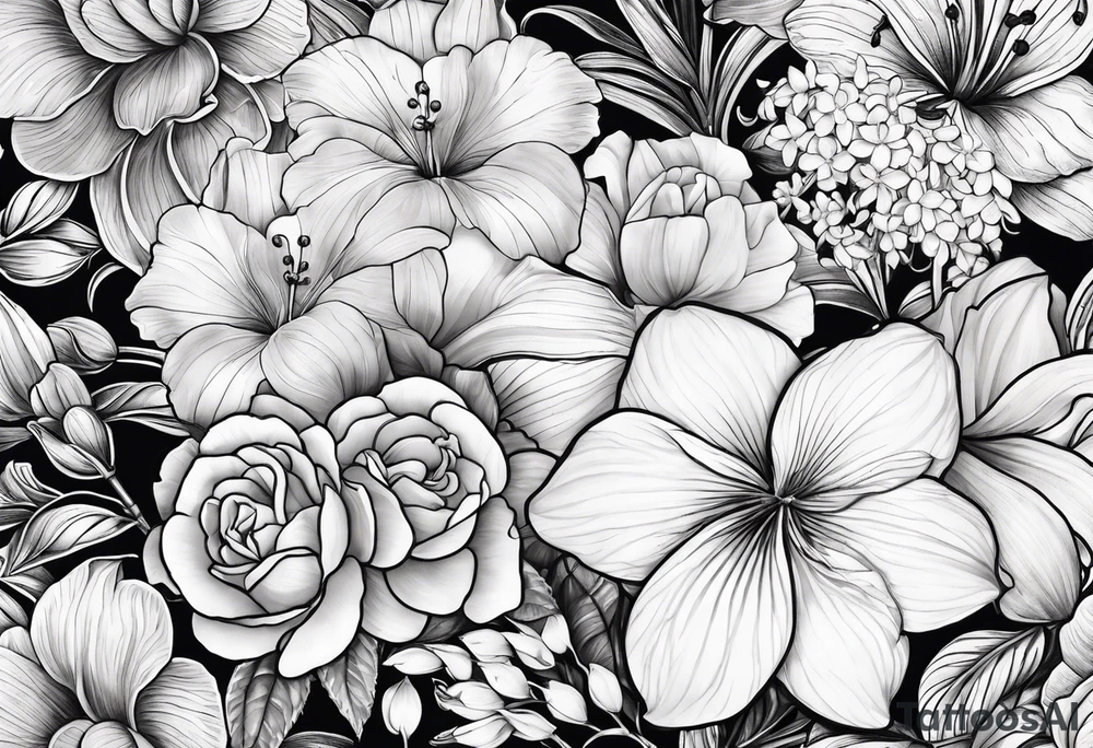 Rose, orchid, lily, marigolds, hydrangeas, begonia, dog wood, gerber daisies tattoo idea