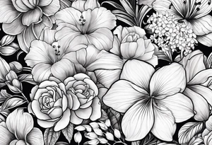 Rose, orchid, lily, marigolds, hydrangeas, begonia, dog wood, gerber daisies tattoo idea