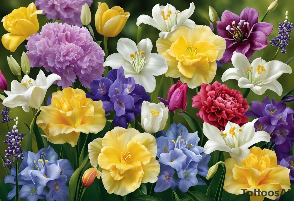 Humingbird in the shape of Carnation, Snowdrop, Violet, Primrose, Daffodil, jonquil, Lily of the Valley, Hawthorne, Rose, Honeysuckle, Larkspur, Water Lily, Gladiolus & Poppie, Aster, Morning Glory, Chrysanthemum,  Peony, Holly, Narcissus tattoo idea