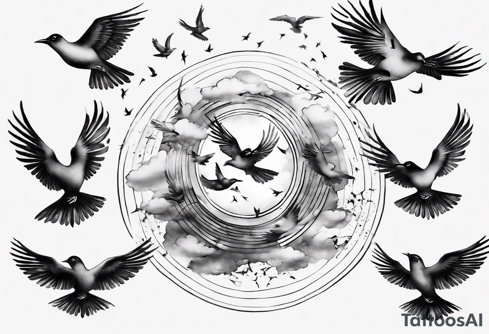 shoulder tattoo with light rays with birds flying free among the clouds, round shape, 3d effect tattoo idea shoulder tattoo with light rays with birds flying free among the clouds, round shape, 3d effect tattoo idea