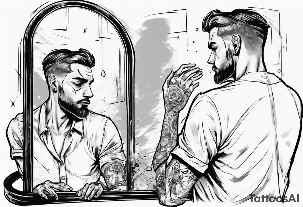 man looking into mirror and seeing his younger self in the reflection tattoo idea
