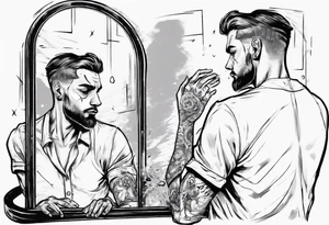 man looking into mirror and seeing his younger self in the reflection tattoo idea